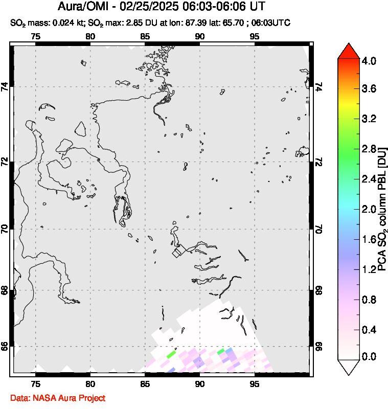 A sulfur dioxide image over Norilsk, Russian Federation on Feb 25, 2025.