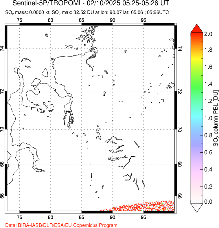 A sulfur dioxide image over Norilsk, Russian Federation on Feb 10, 2025.