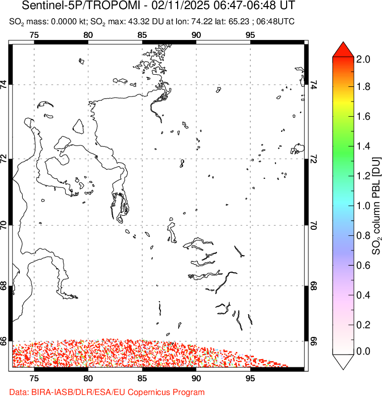 A sulfur dioxide image over Norilsk, Russian Federation on Feb 11, 2025.