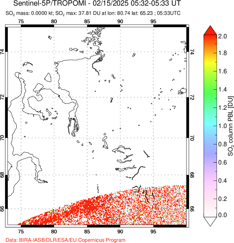 A sulfur dioxide image over Norilsk, Russian Federation on Feb 15, 2025.