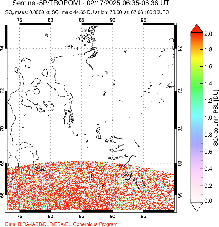 A sulfur dioxide image over Norilsk, Russian Federation on Feb 17, 2025.