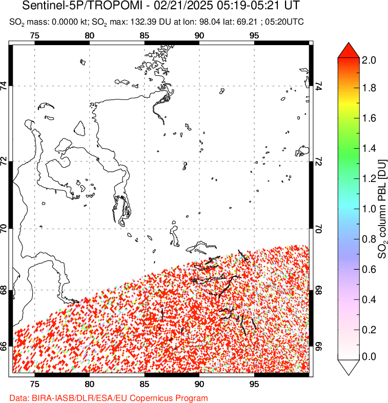 A sulfur dioxide image over Norilsk, Russian Federation on Feb 21, 2025.