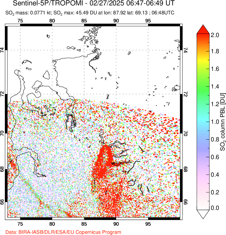 A sulfur dioxide image over Norilsk, Russian Federation on Feb 27, 2025.