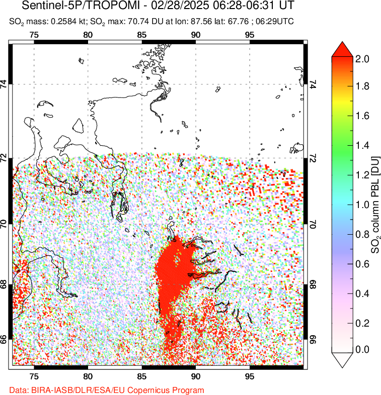 A sulfur dioxide image over Norilsk, Russian Federation on Feb 28, 2025.