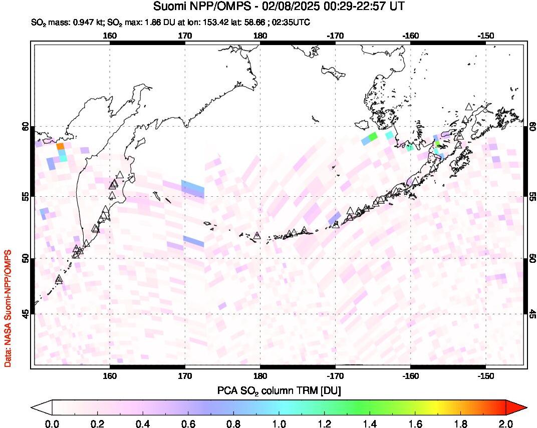 A sulfur dioxide image over North Pacific on Feb 08, 2025.