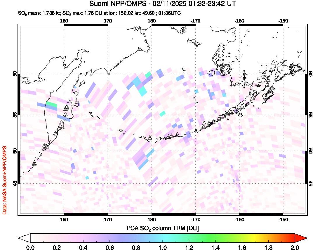 A sulfur dioxide image over North Pacific on Feb 11, 2025.