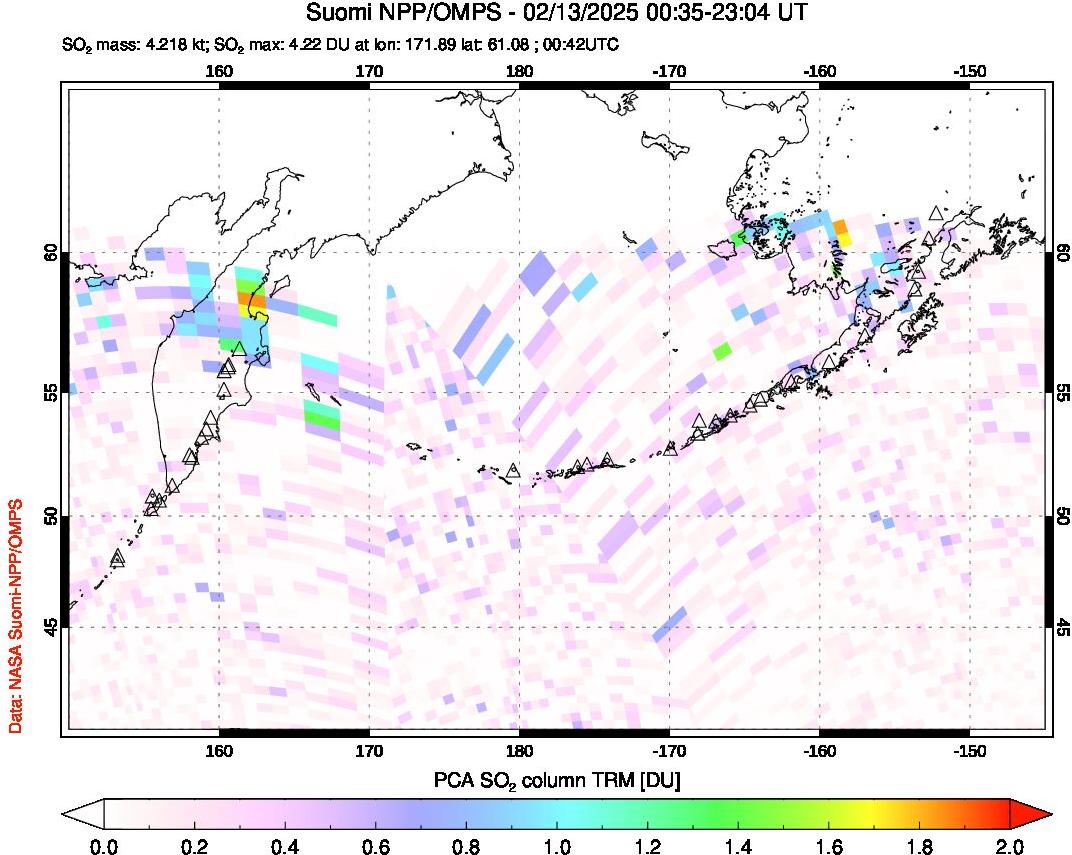 A sulfur dioxide image over North Pacific on Feb 13, 2025.