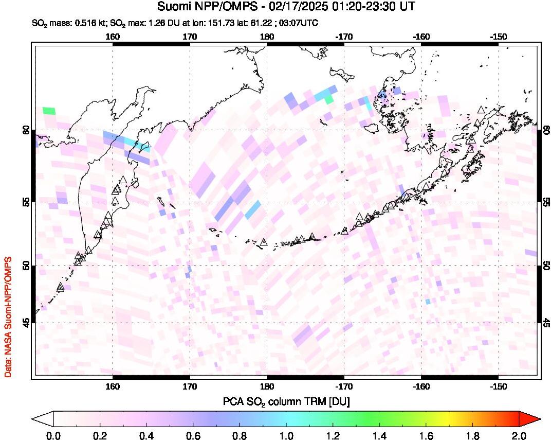 A sulfur dioxide image over North Pacific on Feb 17, 2025.