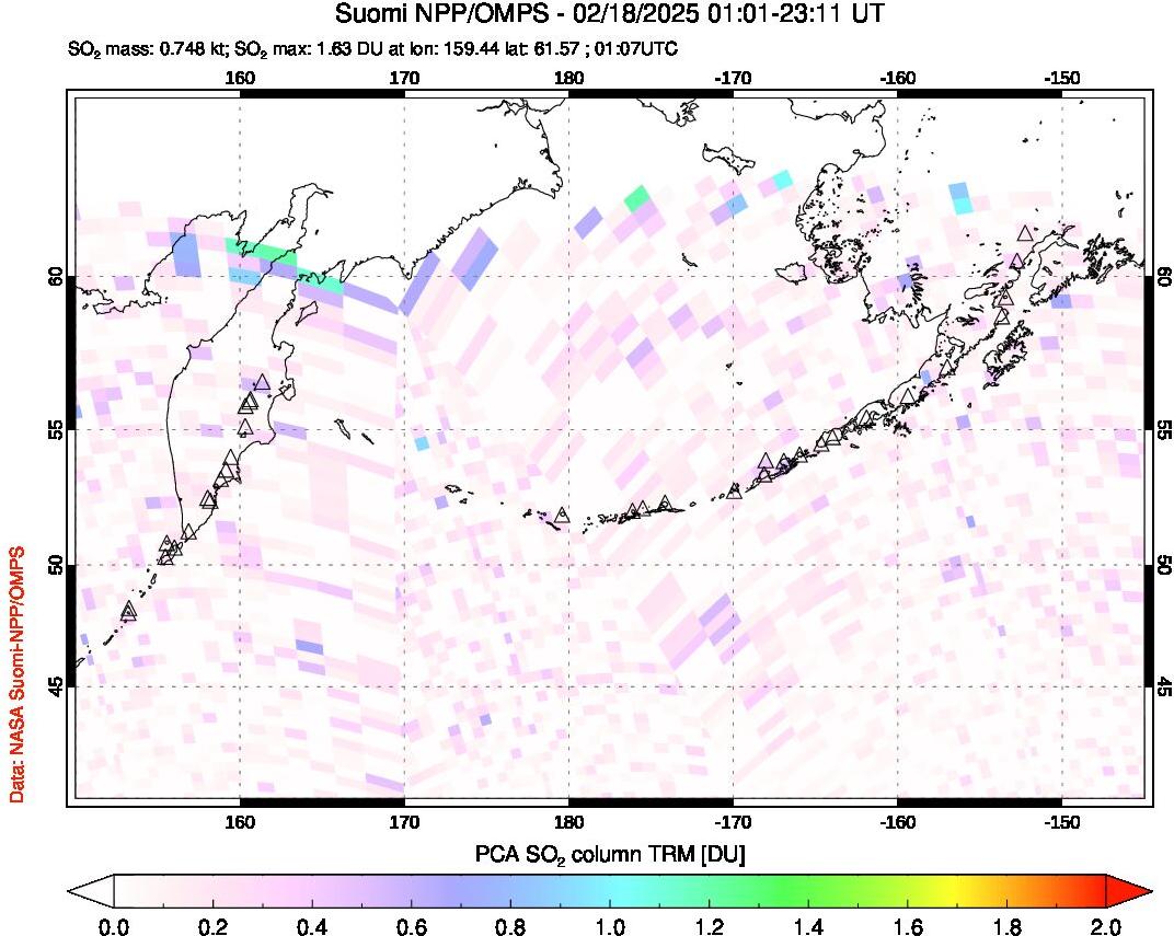 A sulfur dioxide image over North Pacific on Feb 18, 2025.