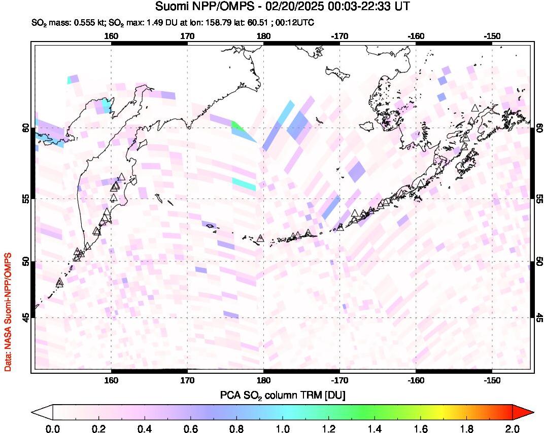 A sulfur dioxide image over North Pacific on Feb 20, 2025.