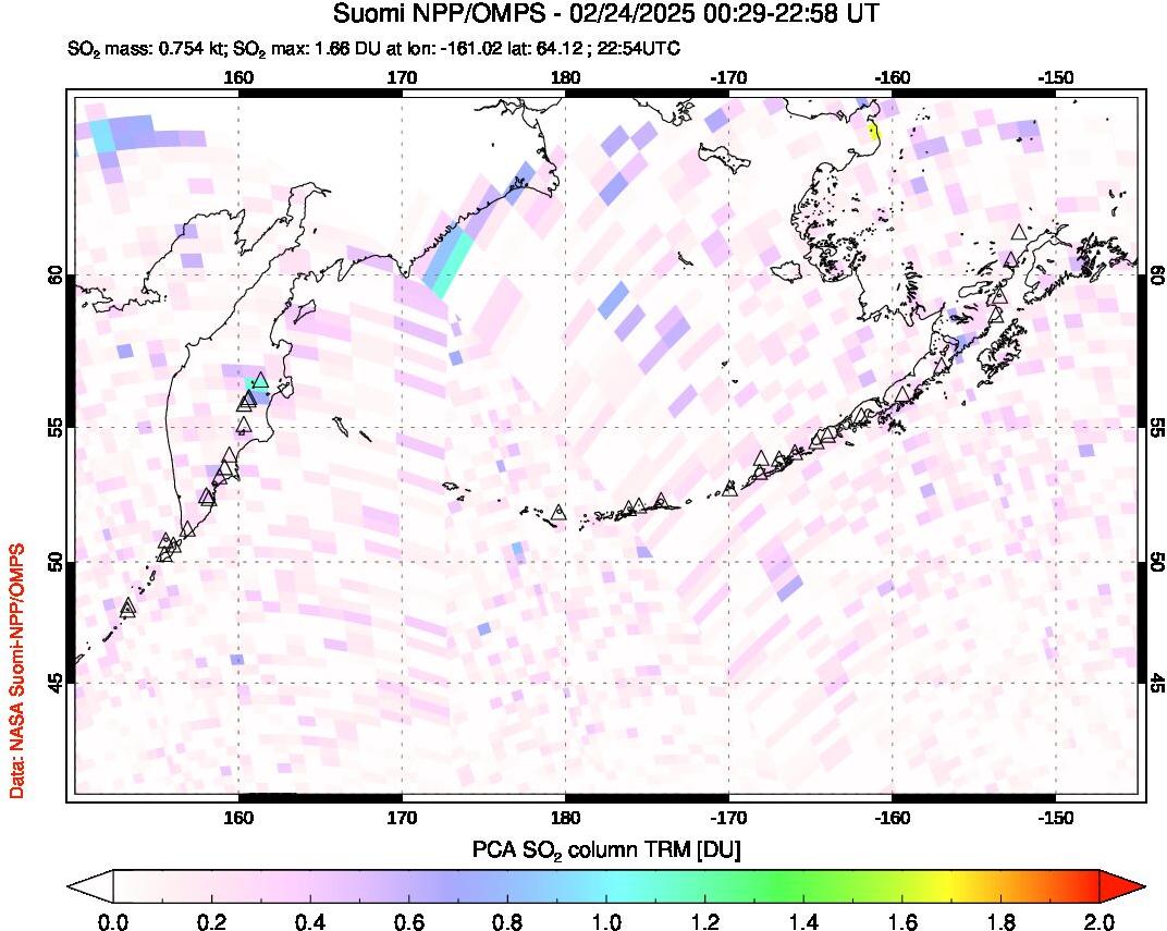 A sulfur dioxide image over North Pacific on Feb 24, 2025.