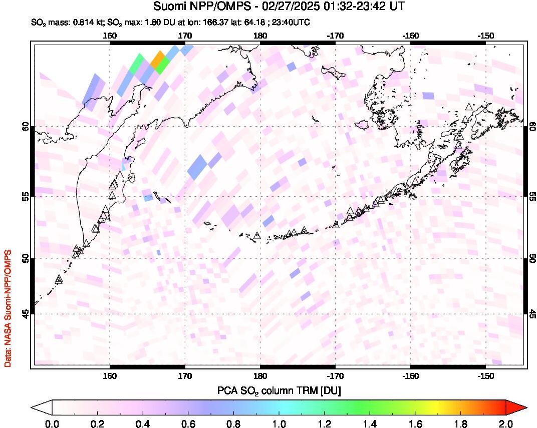 A sulfur dioxide image over North Pacific on Feb 27, 2025.