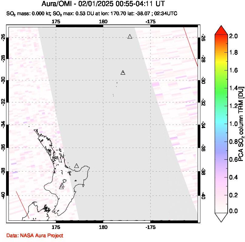 A sulfur dioxide image over New Zealand on Feb 01, 2025.