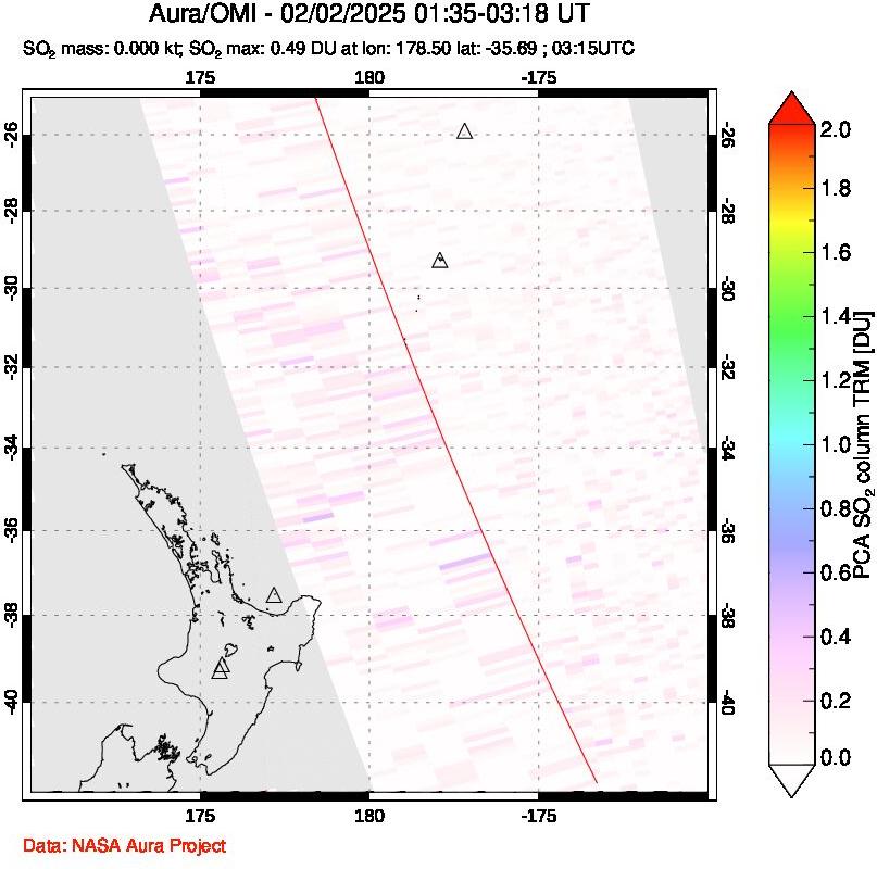 A sulfur dioxide image over New Zealand on Feb 02, 2025.