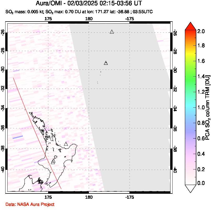 A sulfur dioxide image over New Zealand on Feb 03, 2025.