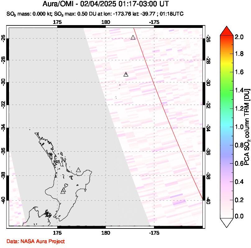 A sulfur dioxide image over New Zealand on Feb 04, 2025.