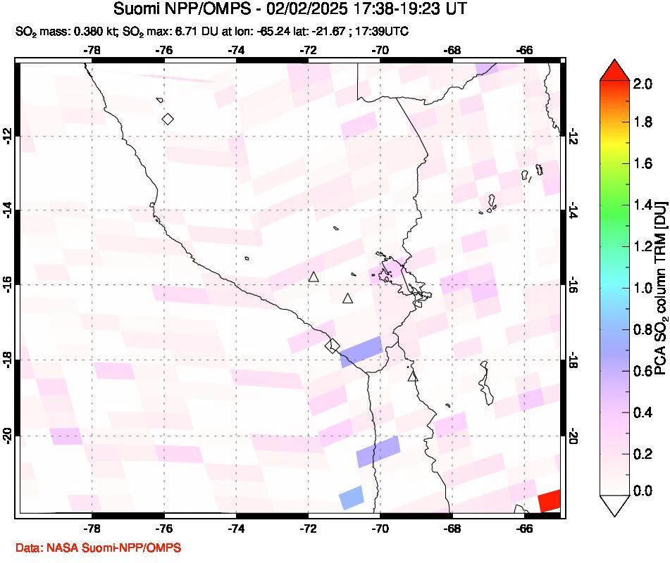 A sulfur dioxide image over Peru on Feb 02, 2025.