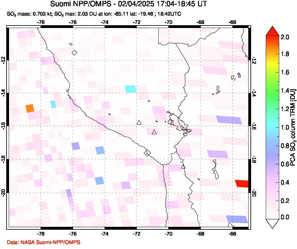 A sulfur dioxide image over Peru on Feb 04, 2025.