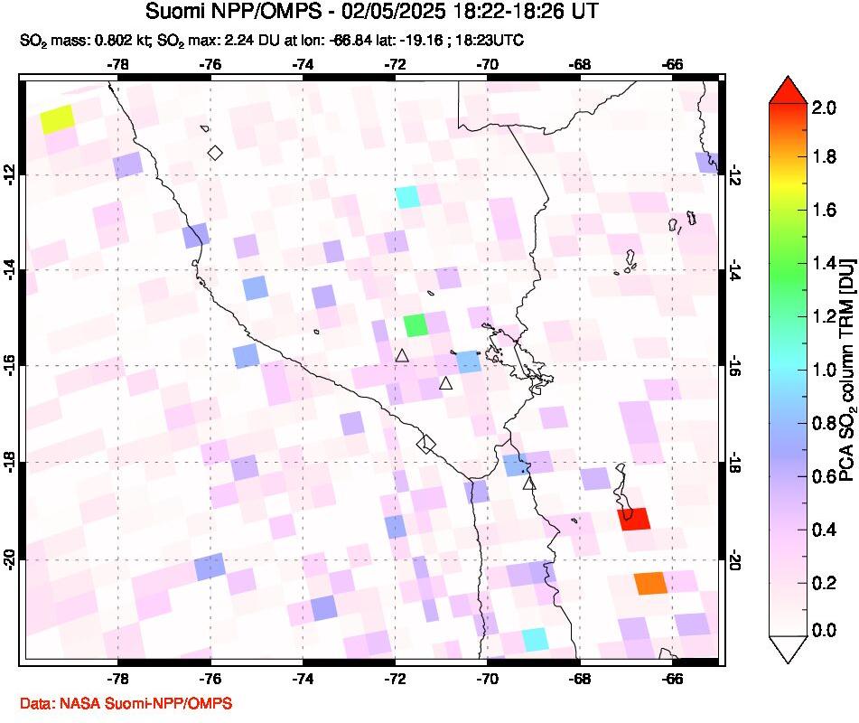 A sulfur dioxide image over Peru on Feb 05, 2025.