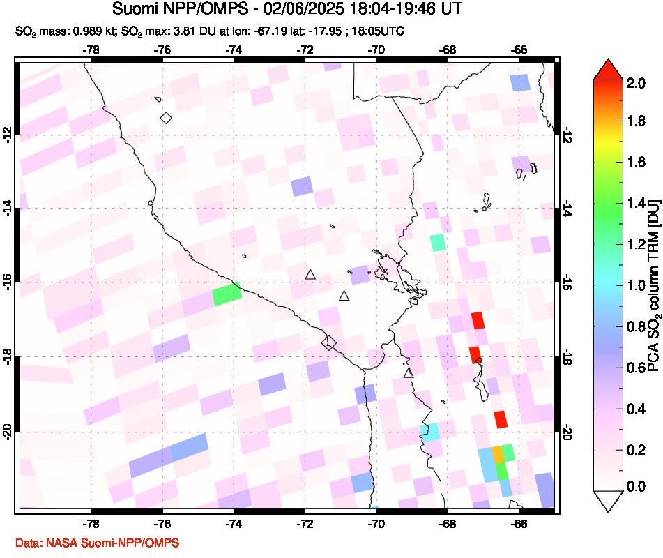 A sulfur dioxide image over Peru on Feb 06, 2025.