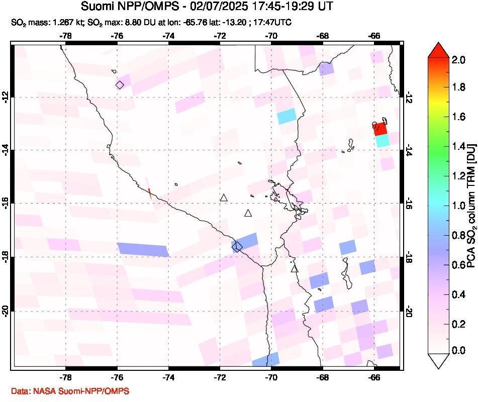 A sulfur dioxide image over Peru on Feb 07, 2025.