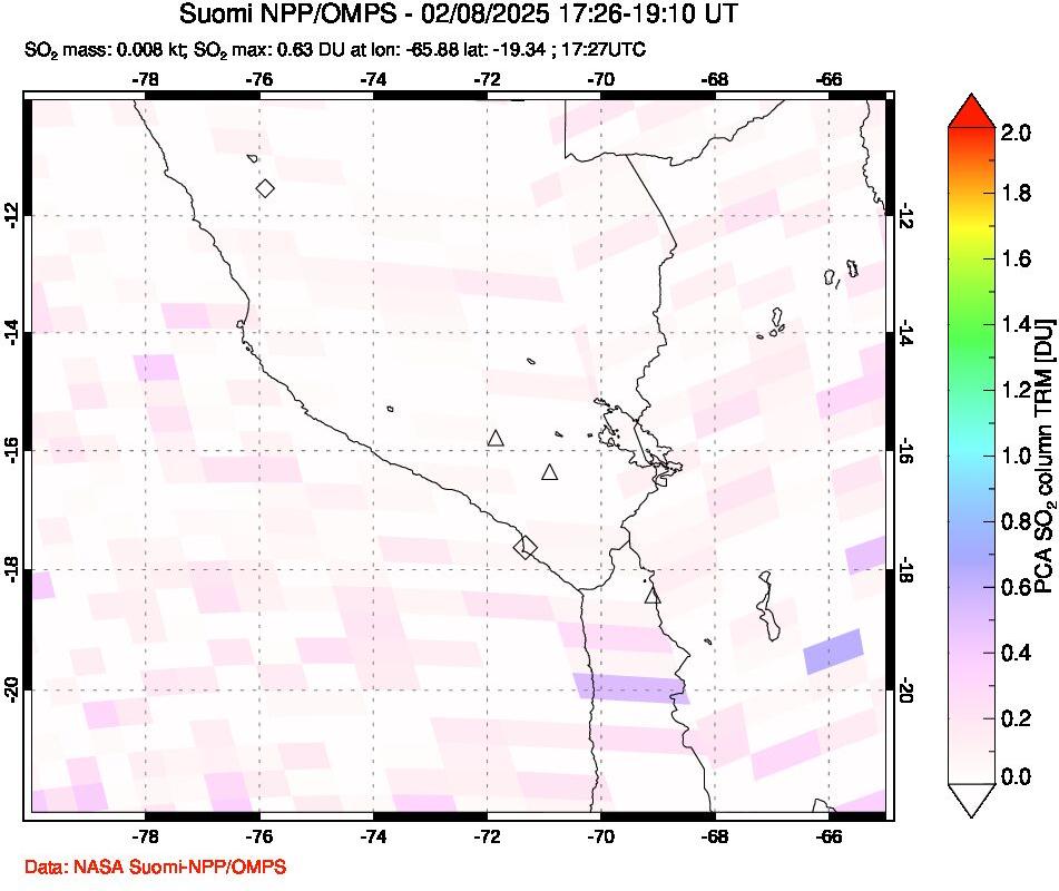 A sulfur dioxide image over Peru on Feb 08, 2025.