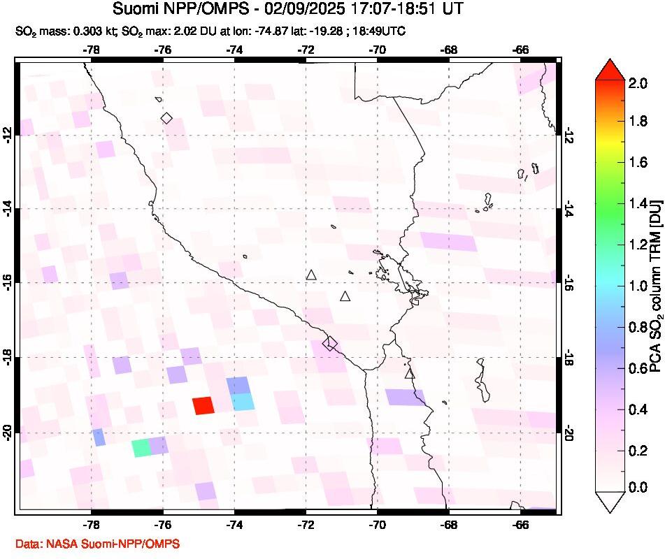 A sulfur dioxide image over Peru on Feb 09, 2025.