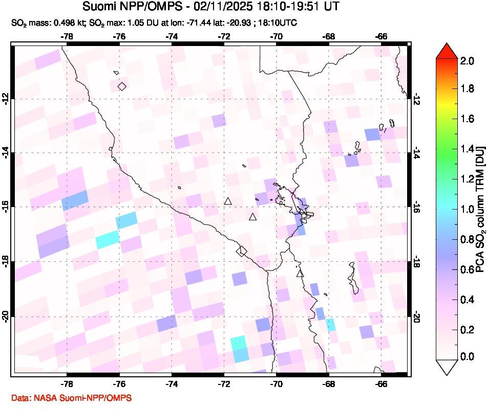 A sulfur dioxide image over Peru on Feb 11, 2025.