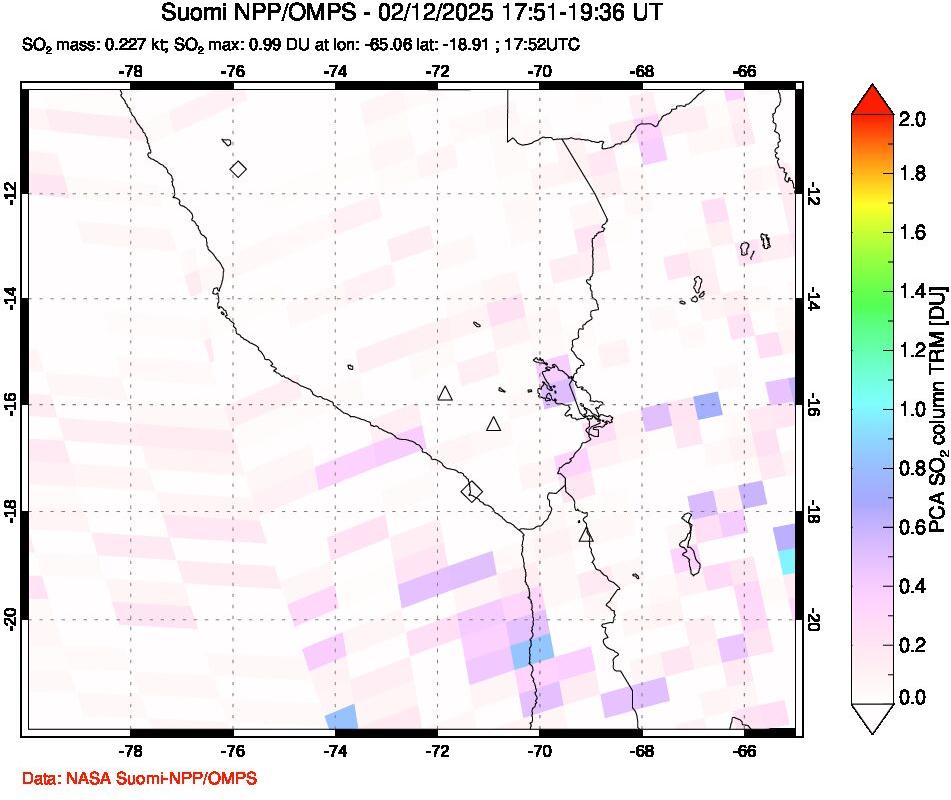 A sulfur dioxide image over Peru on Feb 12, 2025.