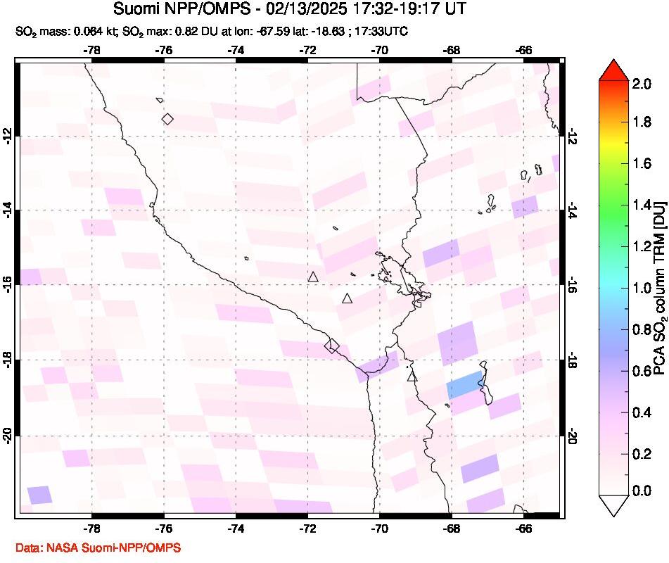 A sulfur dioxide image over Peru on Feb 13, 2025.