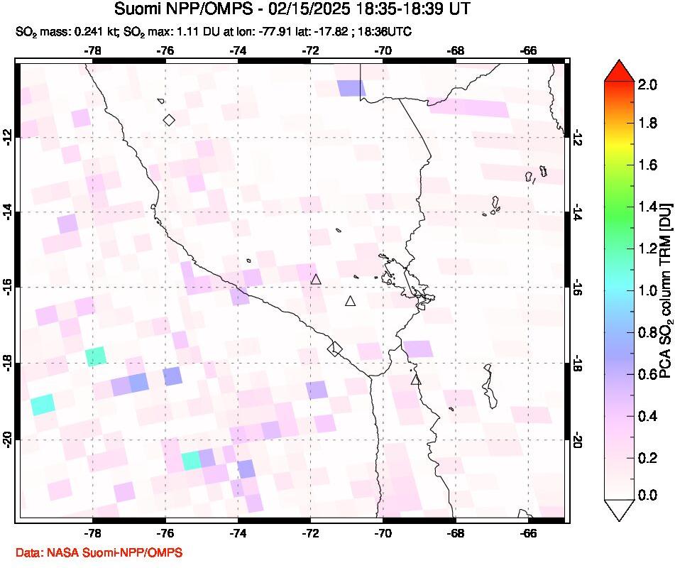 A sulfur dioxide image over Peru on Feb 15, 2025.