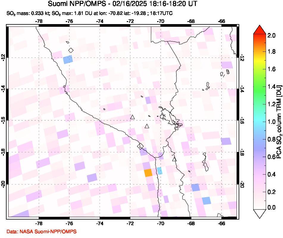 A sulfur dioxide image over Peru on Feb 16, 2025.