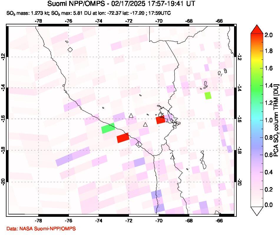 A sulfur dioxide image over Peru on Feb 17, 2025.