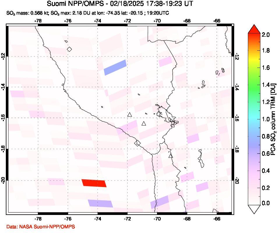 A sulfur dioxide image over Peru on Feb 18, 2025.