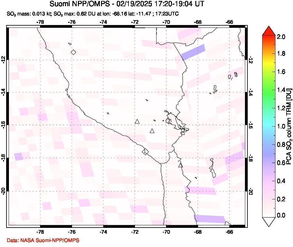 A sulfur dioxide image over Peru on Feb 19, 2025.