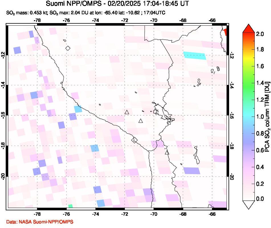 A sulfur dioxide image over Peru on Feb 20, 2025.