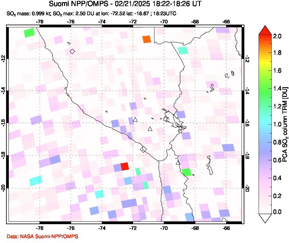 A sulfur dioxide image over Peru on Feb 21, 2025.