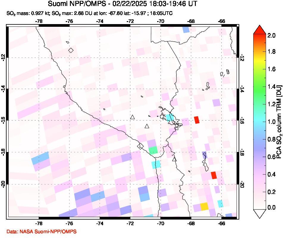 A sulfur dioxide image over Peru on Feb 22, 2025.