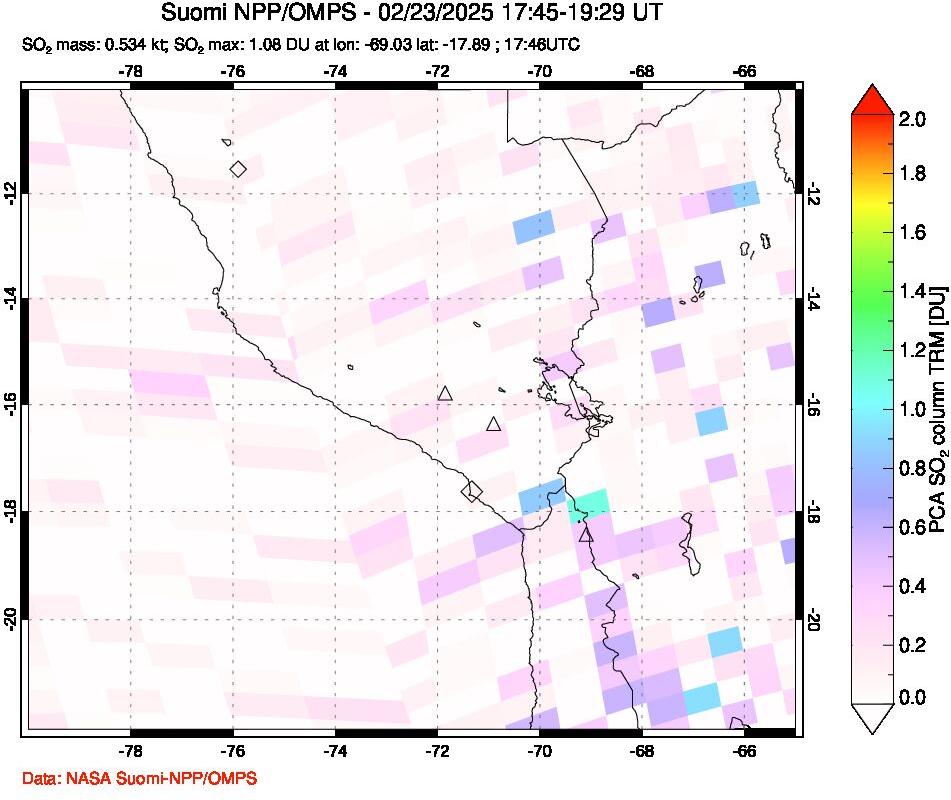 A sulfur dioxide image over Peru on Feb 23, 2025.