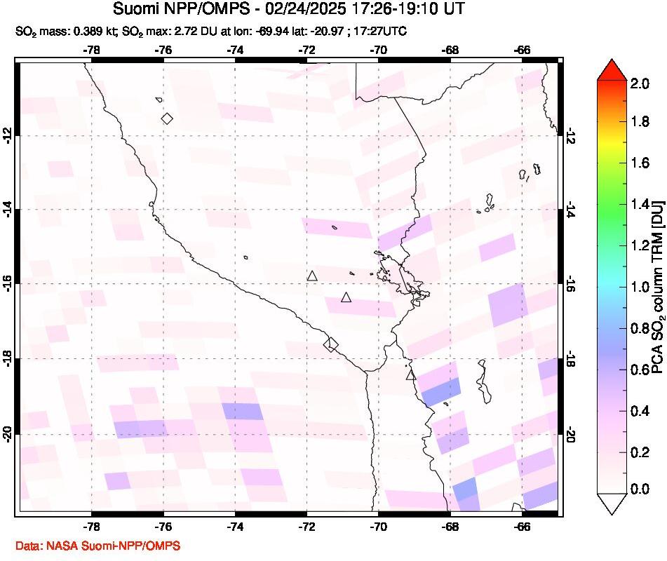 A sulfur dioxide image over Peru on Feb 24, 2025.