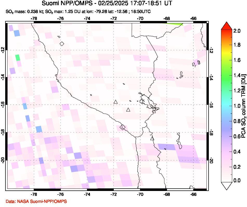 A sulfur dioxide image over Peru on Feb 25, 2025.