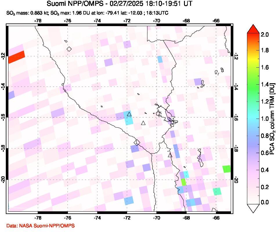 A sulfur dioxide image over Peru on Feb 27, 2025.