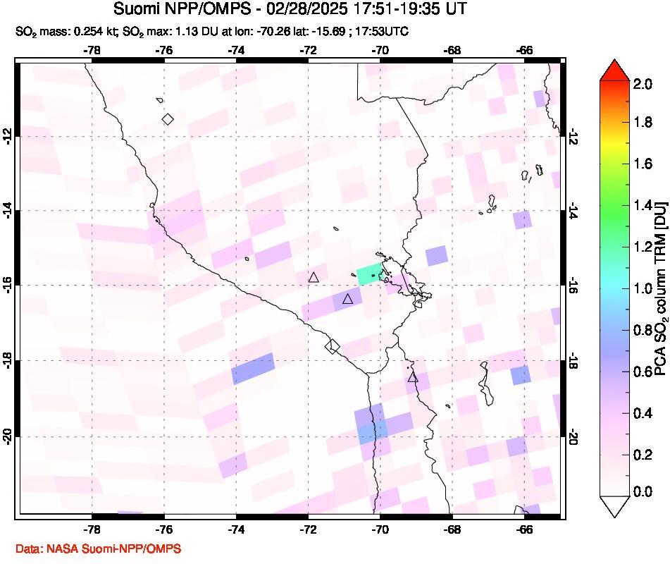 A sulfur dioxide image over Peru on Feb 28, 2025.