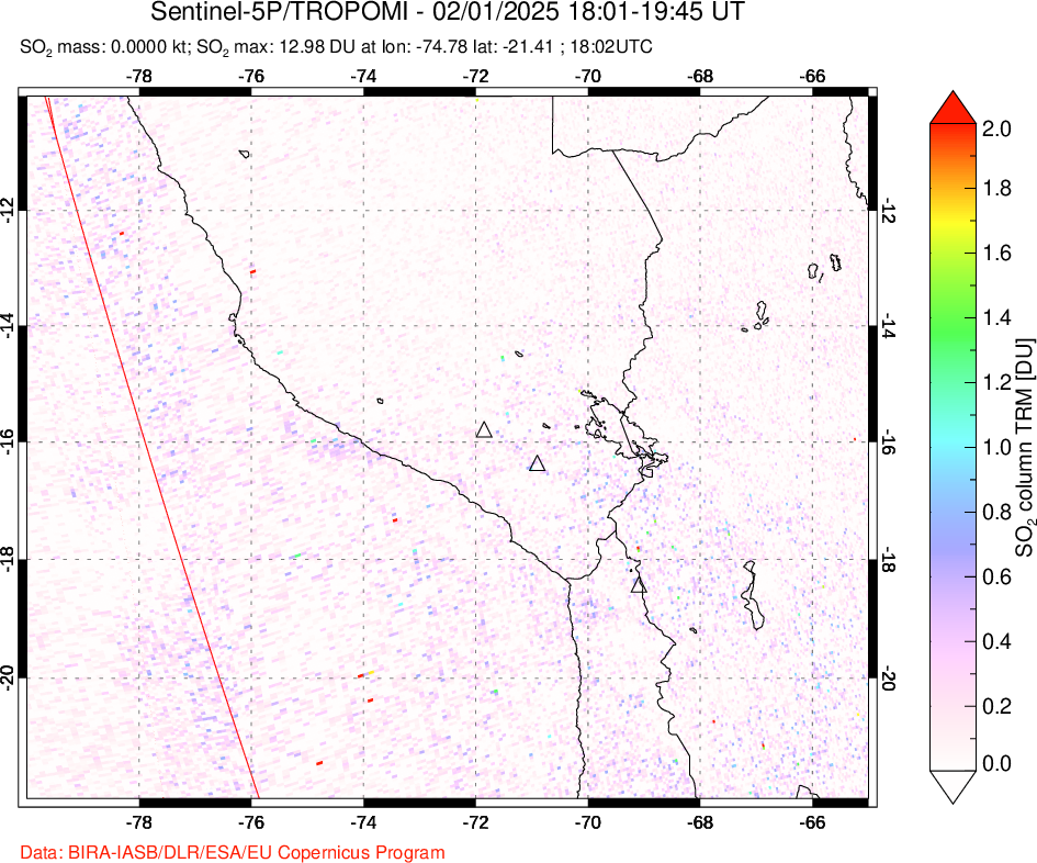 A sulfur dioxide image over Peru on Feb 01, 2025.