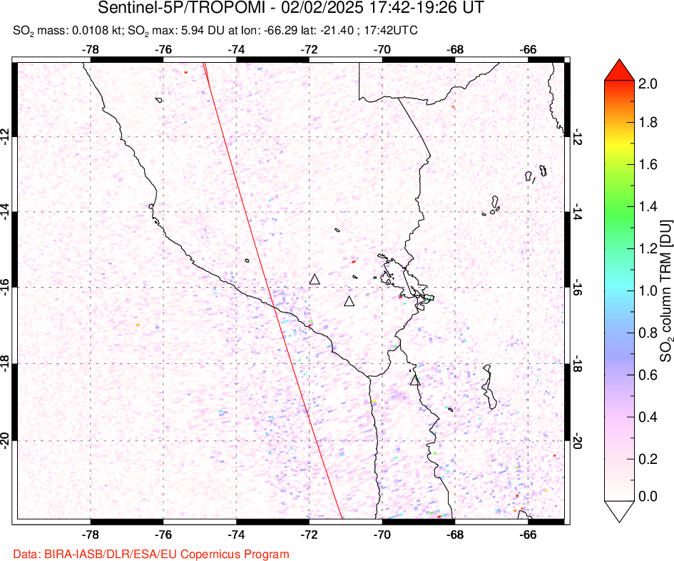 A sulfur dioxide image over Peru on Feb 02, 2025.