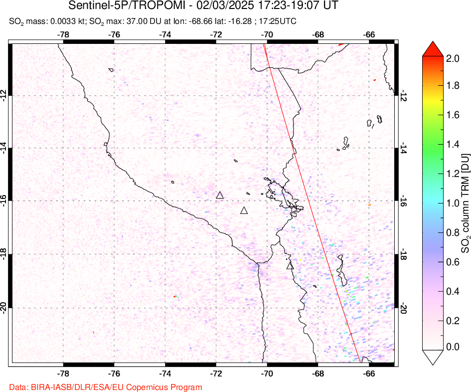 A sulfur dioxide image over Peru on Feb 03, 2025.