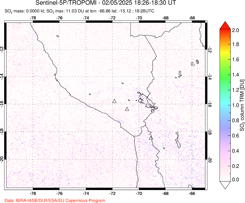 A sulfur dioxide image over Peru on Feb 05, 2025.