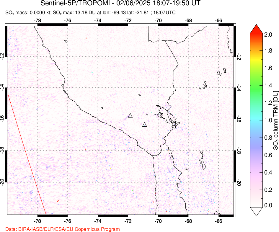 A sulfur dioxide image over Peru on Feb 06, 2025.