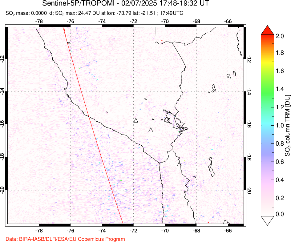 A sulfur dioxide image over Peru on Feb 07, 2025.