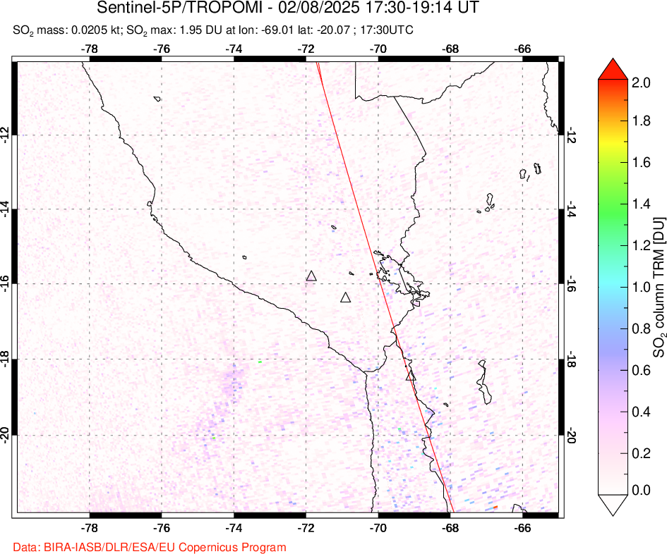 A sulfur dioxide image over Peru on Feb 08, 2025.